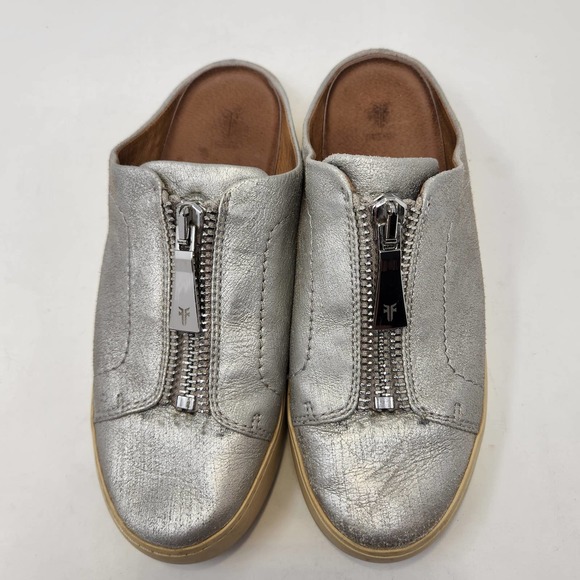 Frye Womens Lena Zip Mule Slip On Sneakers 6M Metallic Silver Leather Platform - Picture 2 of 10